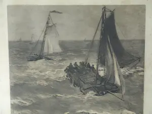 Hendrik Willem Mesdag - & C.L. Dake : Grote ingelijste ets , Vissersboten bij Scheveningen – 1879 kopen? Bied vanaf 1!