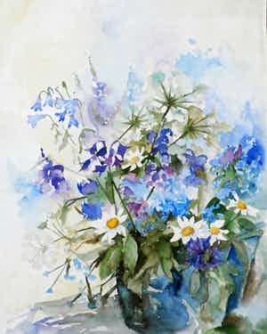 Paul de Vries - Aquarel: bloemen- 1991 verkocht voor € 150!