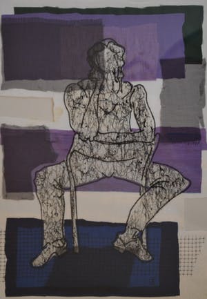 Ria Fortuijn - Textiel collage - Vrouwtje op stoel - 2003 kopen? Bied vanaf 1!
