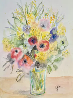 Marie Louise Ogier - Anemonen und Mimosen – großes, hochwertiges Ölgemälde kopen? Bied vanaf 150!