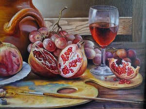 Alfonso Moreno - Stilleven schildersspullen schilderij wijn en fruit. kopen? Bied vanaf 250!