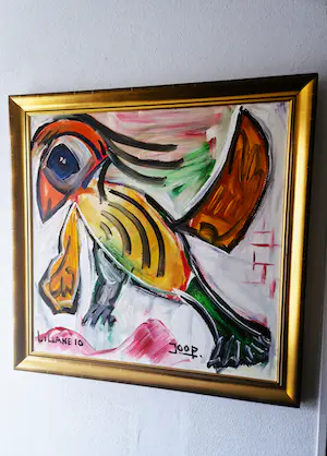 Niet of onleesbaar gesigneerd - GROOT Acrylverf op doek "Spotvogel" zeer fraai ingelijst - gesigneerd kopen? Bied vanaf 1!