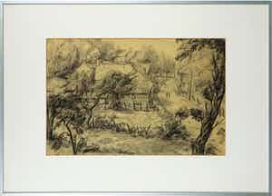 Alexander Gerhardus Dieperink - Houtskool, Dorpsgezicht - Ingelijst verkocht voor € 35!