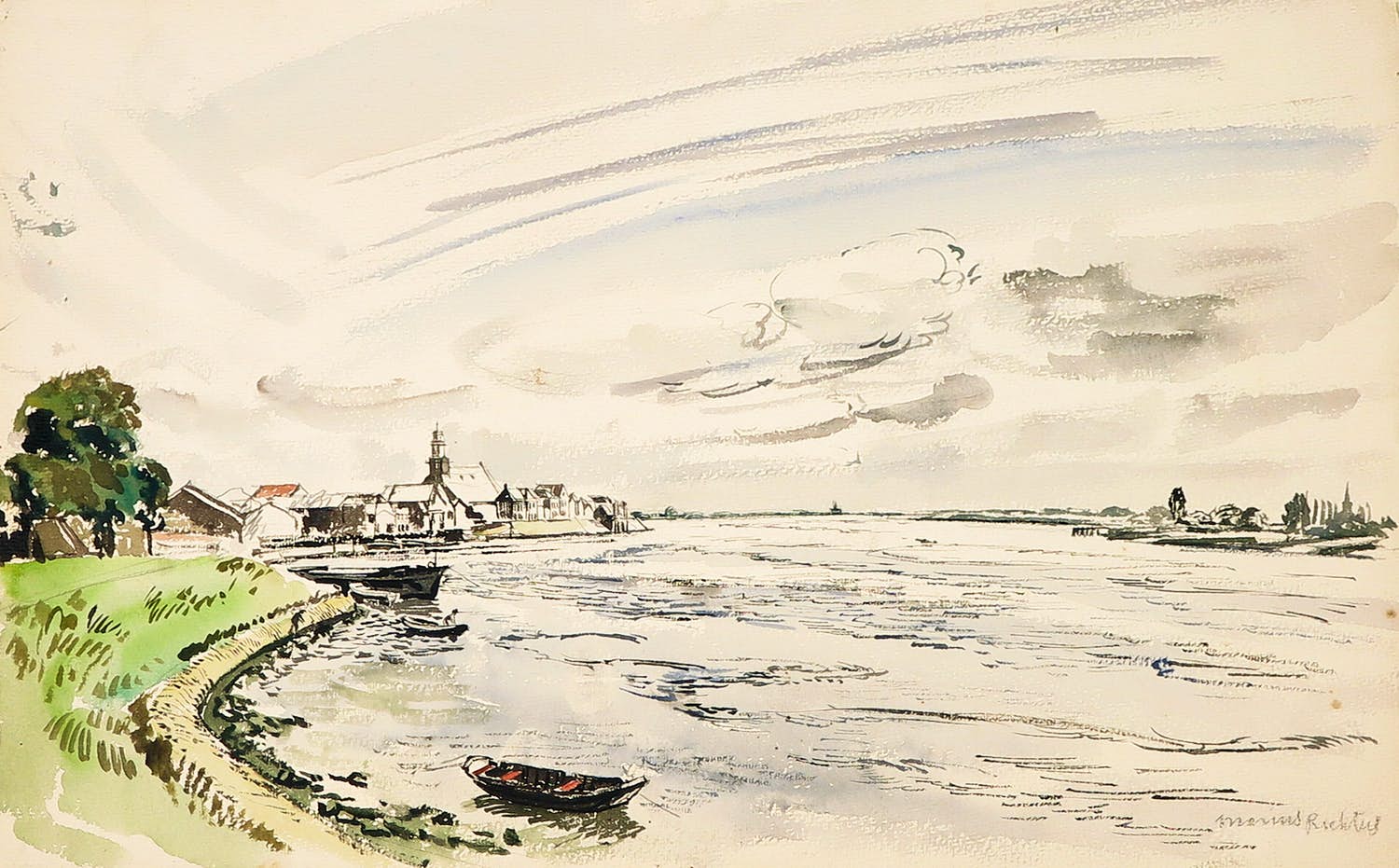 Marius Richters - Aquarel, Lekkerkerk verkocht voor € 70!