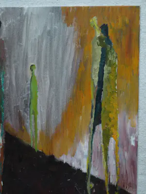 Peter Leyenaar - (1923-2023) , Acrylverf op canvasboard , Lange figuren II - 1986 kopen? Bied vanaf 50!