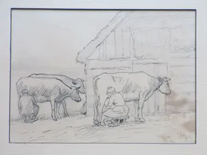 Alphonse Stengelin - Melktijd - Inkttekening en potlood kopen? Bied vanaf 55!
