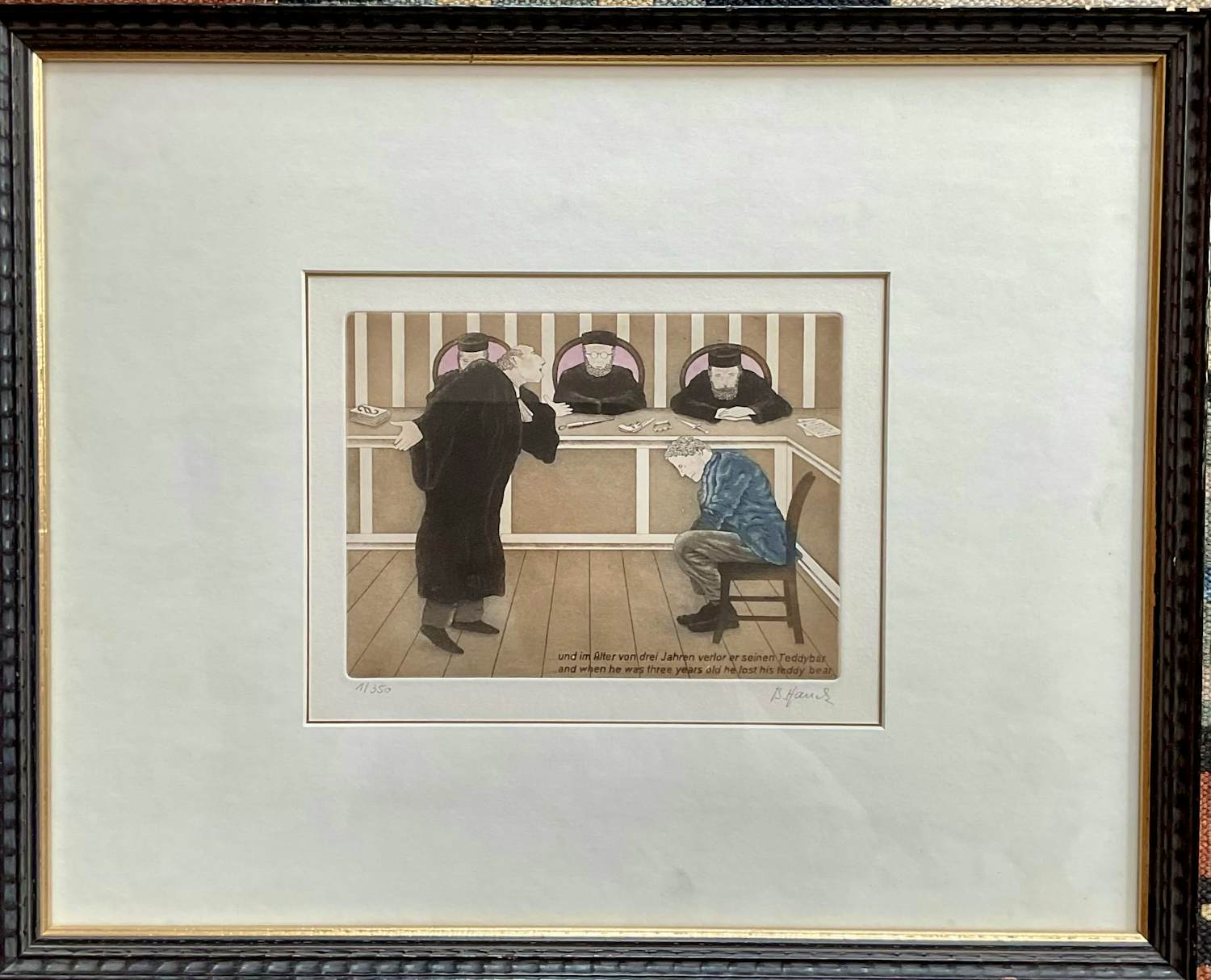 Bernd Hauck - Ingekleurde grappige ets, man voor rechter, gesigneerd, gelijst kopen? Bied vanaf 45!