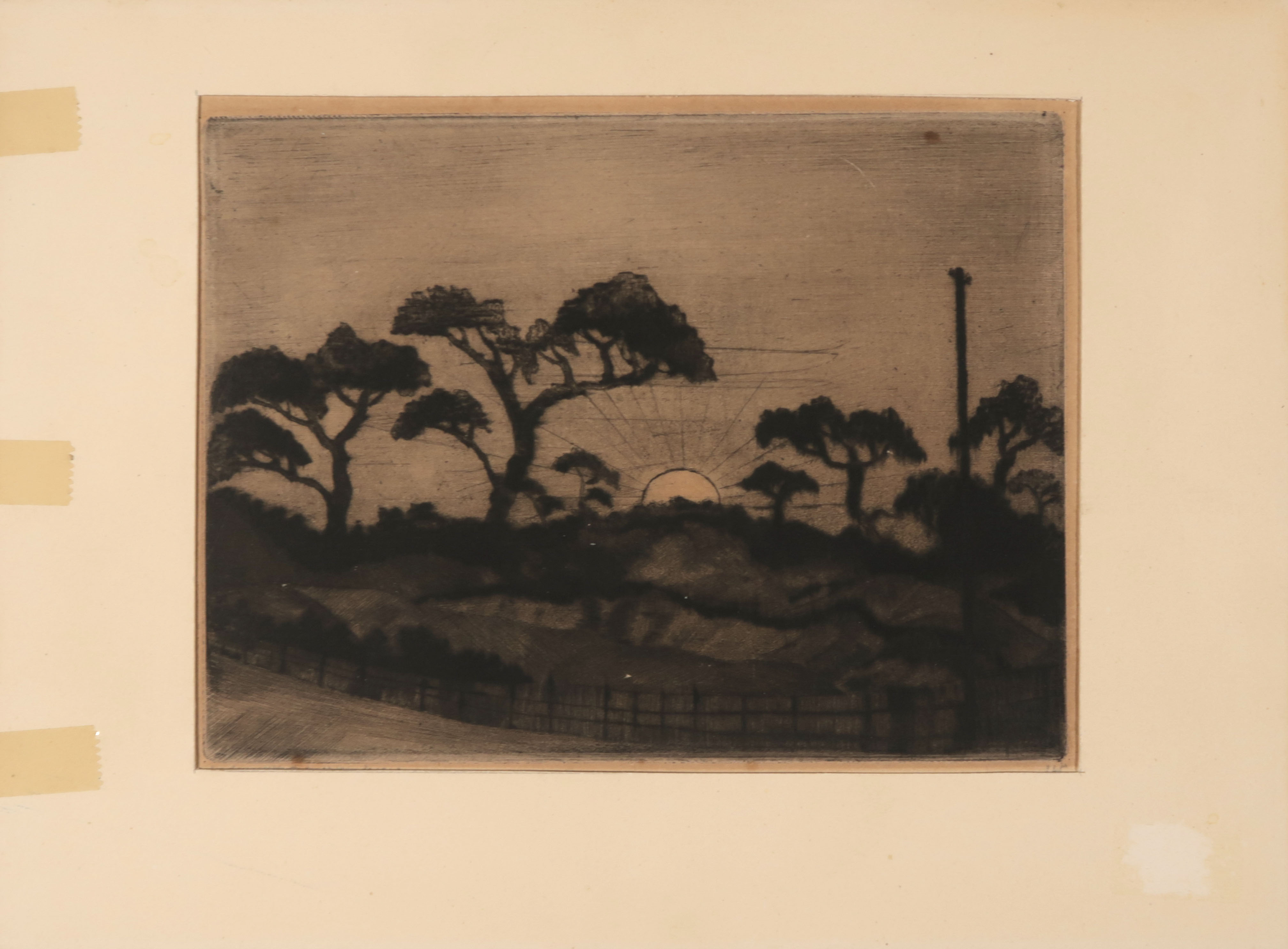 Lodewijk Schelfhout - Ets, Ondergaande zon in heuvelachtig landschap met bomen kopen? Bied vanaf 75!