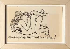 Siep van den Berg - Inkttekening, Autogordels, vast en zeker! - Ingelijst verkocht voor € 45!