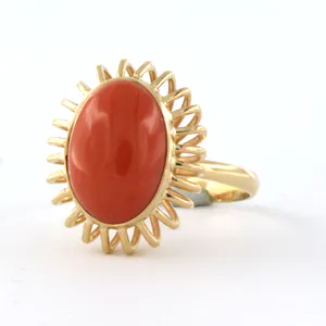 18k geel gouden ring bezet met een koraal - ringmaat 18.25(57) kopen? Bied vanaf 260!