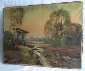 Lambertus de Jong - Olieverfverf op doek , Landschap met heide – 1956 – spieraam 60 x 80 cm. kopen? Bied vanaf 1!