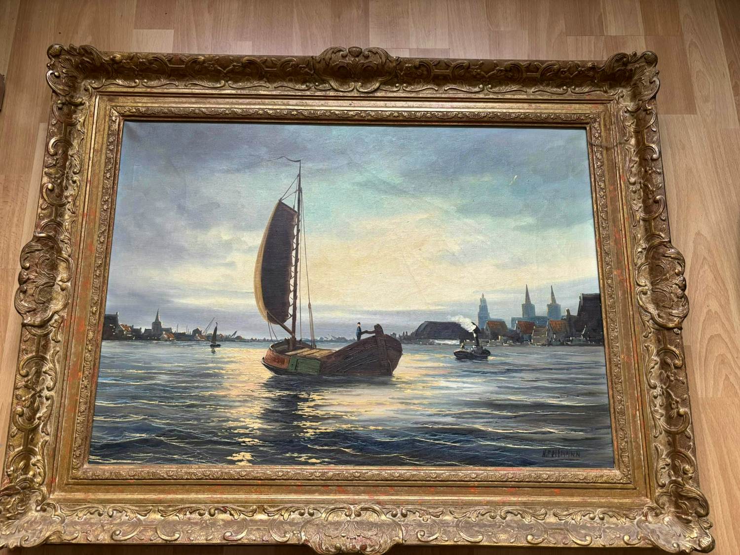 Onbekend - Vissersboot op water, achtergron dorp zichtbaar kopen? Bied vanaf 40!