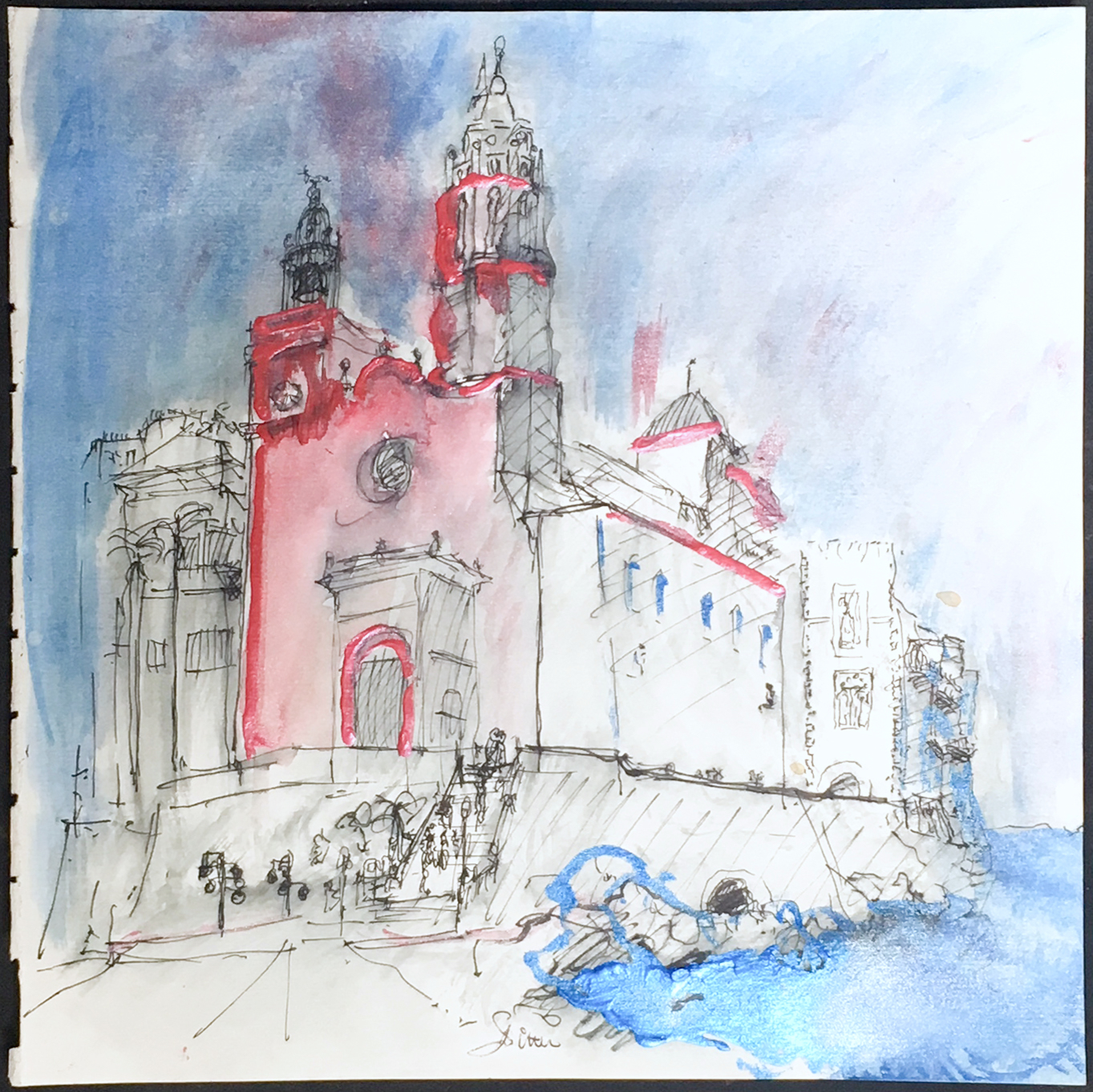 Franscz Witte - Pentekening en aquarel, Kathedraal kopen? Bied vanaf 1!