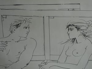 Niet of onleesbaar gesigneerd - Litho , “Naakte kunstenaar met naakt model“ – gesigneerd & ingelijst – nr 69/150 kopen? Bied vanaf 1!