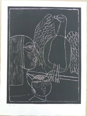 Corneille - FEMME ET FAUNE FAMILIERE / ZW-W ETS / 76x56cm / SIG 1978 kopen? Bied vanaf 175!