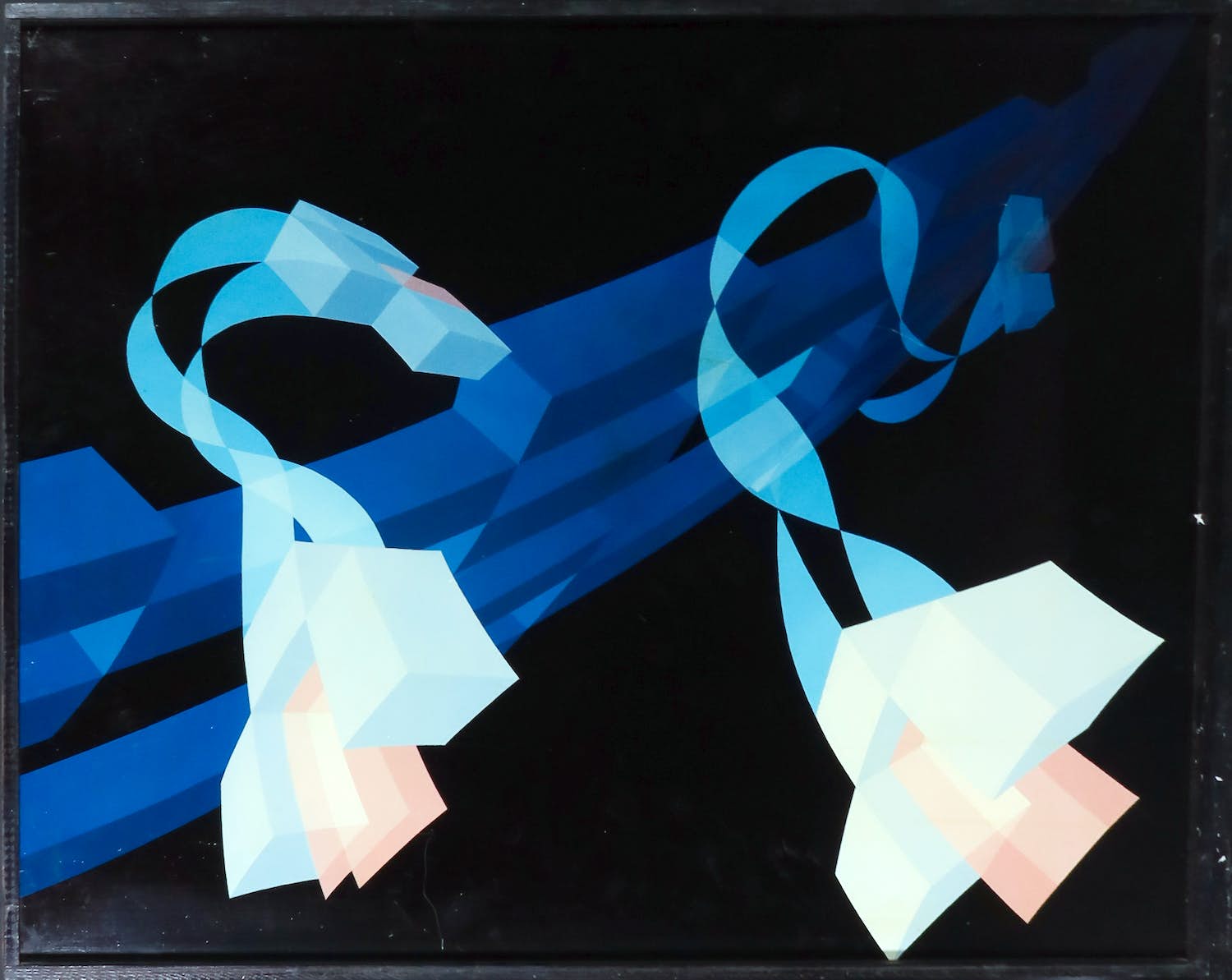 Hans Klaui - Acryl op paneel, Geometrische compositie in blauw en lichtroze - Ingelijst kopen? Bied vanaf 1!