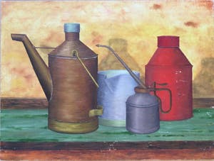 Niet of onleesbaar gesigneerd - Lot van 2 schilderijen | Stillevens met oliekannen kopen? Bied vanaf 1!