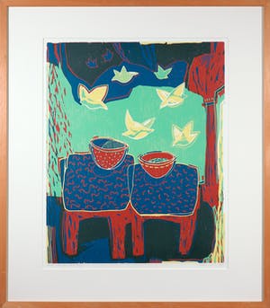 Diana van Hal - Linosnede, Rode schalen - Ingelijst kopen? Bied vanaf 35!