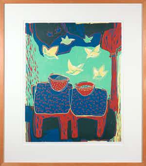 Diana van Hal - Linosnede, Rode schalen - Ingelijst verkocht voor € 35!