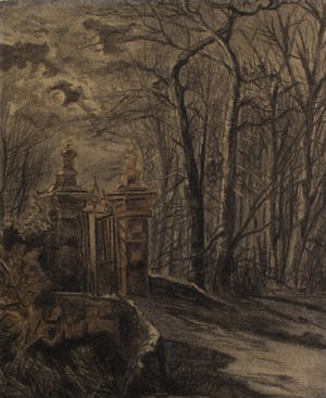 Niet of onleesbaar gesigneerd - krijttekening - 'Poort in Bos' kopen? Bied vanaf 1!