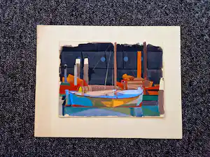 Siep van den Berg - Figuratieve jaren 50 Gouache "haven met boten bij avond" gesigneerd verkauft für € 100!