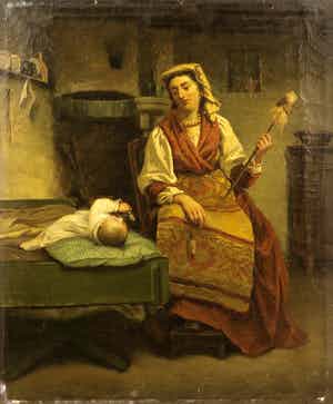 Lionel Baes - Olieverf op doek, Spinnende vrouw met kind verkocht voor € 150!