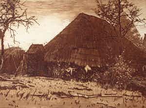 Willem Witsen - Ets/aquatint: Achterkant van een schuur/Avond Brabant - 1892 verkocht voor € 150!