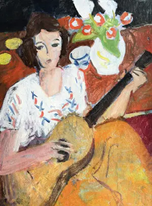 Rene Mels - Frau mit Gitarre – Großes und wunderschönes ausdrucksstarkes Gemälde kopen? Bied vanaf 800!