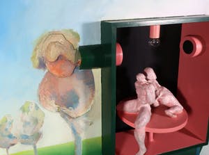 Franscz Witte - Beschilderd houten object met lamp, Landschap met draaiend paar (Groot!) kopen? Bied vanaf 50!