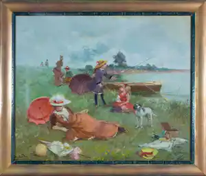 Juan Soler - Olieverf op doek, Rivierzicht met picknick - Ingelijst verkauft für € 150!