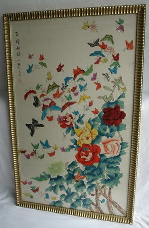 Niet of onleesbaar gesigneerd - Grote ingelijste aquarel op zijde , Japans , Vlinders – 100 x 62 cm kopen? Bied vanaf 1!