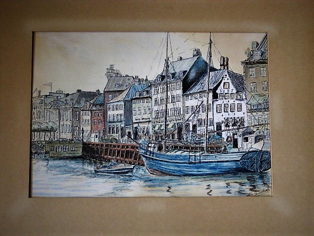 Niet of onleesbaar gesigneerd - Bijzondere gesigneerde Aquarel "de haven van Kopenhagen Denemarken" kopen? Bied vanaf 1!