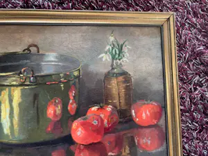 Adri Pieck - "het koperen pannetje": stilleven met tomaten en sneeuwklokjes kopen? Bied vanaf 195!