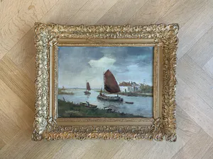 Joop Dam - Riviergezicht met varende platbodems. kopen? Bied vanaf 115!