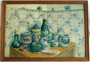 Niet of onleesbaar gesigneerd - Ingelijst, olieverf op board , stilleven “Aardewerk met bierpullen” verkocht voor € 1!