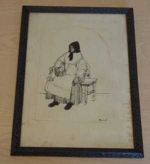 Niet of onleesbaar gesigneerd - Pentekening van een Boerin zittend op een kruk kopen? Bied vanaf 1!