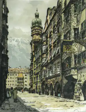 Hans Figura - Ingelijste ets op zijde , Stadsgezicht verkocht voor € 50!