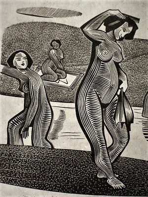 Niet of onleesbaar gesigneerd - Interessante, gestileerde Houtsnede "Baadsters" gesigneerd kopen? Bied vanaf 1!