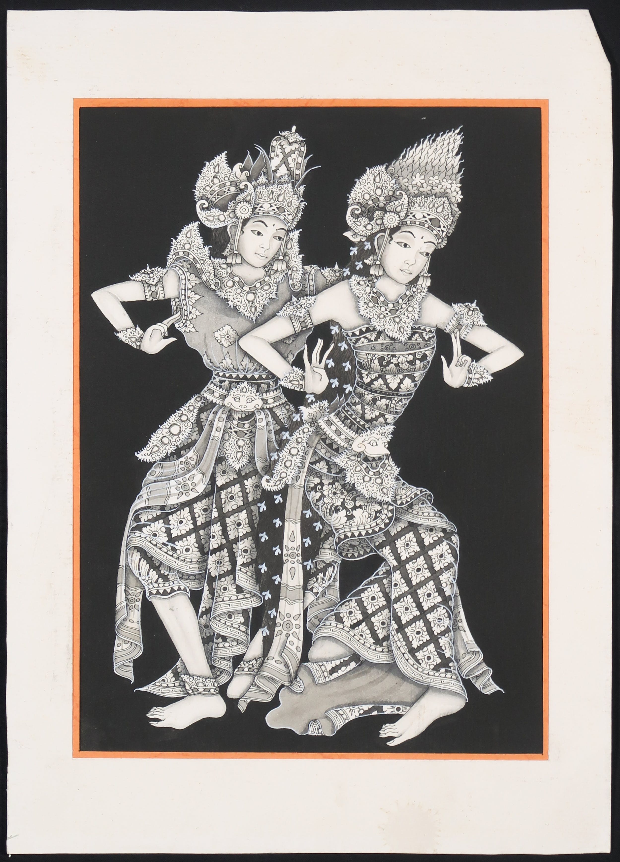 Niet of onleesbaar gesigneerd - Hand ingeschilderde penseeltekening, Balinese danseressen kopen? Bied vanaf 1!