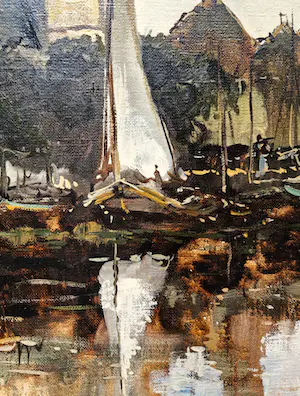 Niet of onleesbaar gesigneerd - Groot olieverf op doek "afgemeerde boten in haven" gesigneerd kopen? Bied vanaf 1!