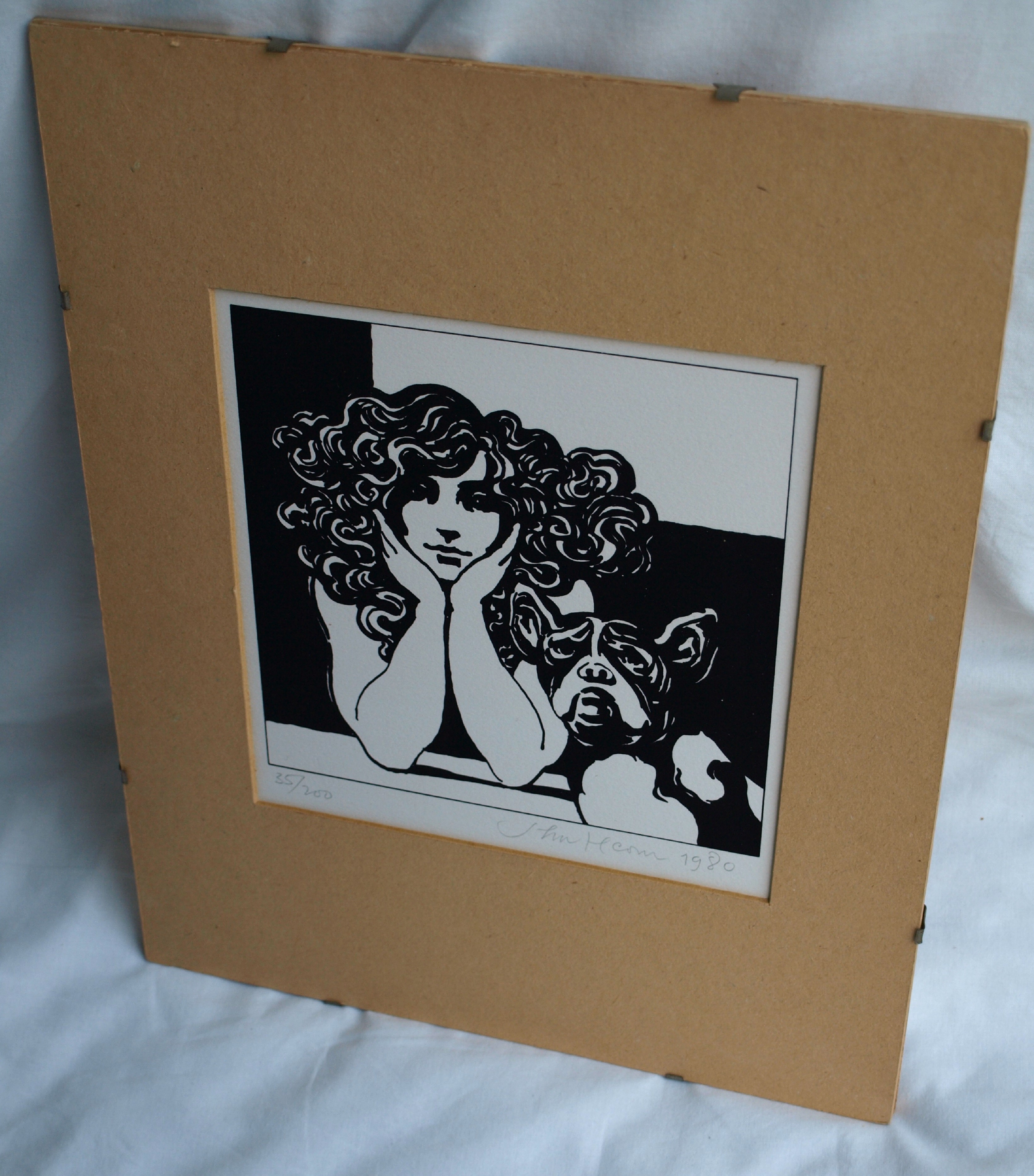 Niet of onleesbaar gesigneerd - Onduidelijke signatuur - Zeefdruk , Vrouw met hond - 1980 kopen? Bied vanaf 1!