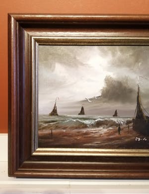 Niet of onleesbaar gesigneerd - Hollandse School - de Rooy?? - Katwijkse tjalken aan de kust - Zeegezicht kopen? Bied vanaf 10!