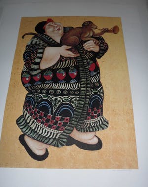 Ada Breedveld - Zeefdruk. z.t. (Dame in kimono met aap) kopen? Bied vanaf 30!
