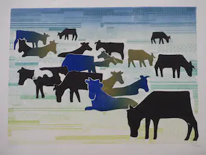 Frans de Jong - Koeien in weiland - Kleurenhoutsnede kopen? Bied vanaf 75!