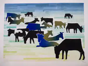 Frans de Jong - Koeien in weiland - Kleurenhoutsnede verkauft für € 75!