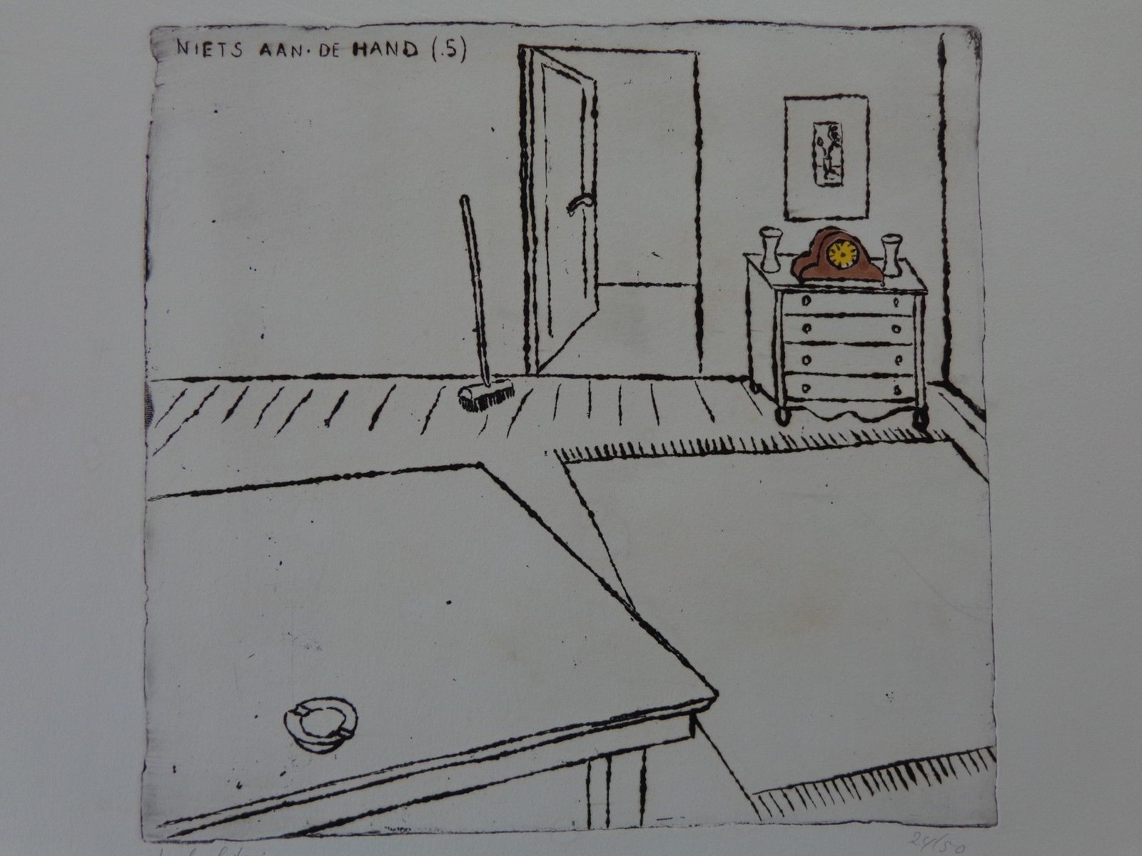 Pieter Holstein - NIETS AAN DE HAND / ZW-W ETS + AQUAREL / 50x65cm / SIG verkocht voor € 80!