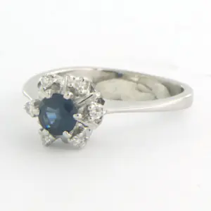 14k wit gouden ring met saffier en single cut geslepen diamant 0.05ct-rm16 kopen? Bied vanaf 150!