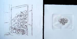 Wilfred Voet - 2 x ets - "Een bos sedum" & "Uitzicht uit een hotel" verkocht voor € 25!