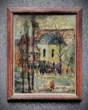 Poppe Damave - 1948 - olieverf op doek - stadsgezicht Haarlem met figuren - originele lijst kopen? Bied vanaf 65!