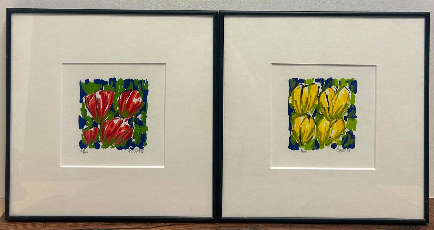 Ad van Hassel - 2x fraaie Tulpen, kleurenzeefdruk ("ingelijst) kopen? Bied vanaf 55!